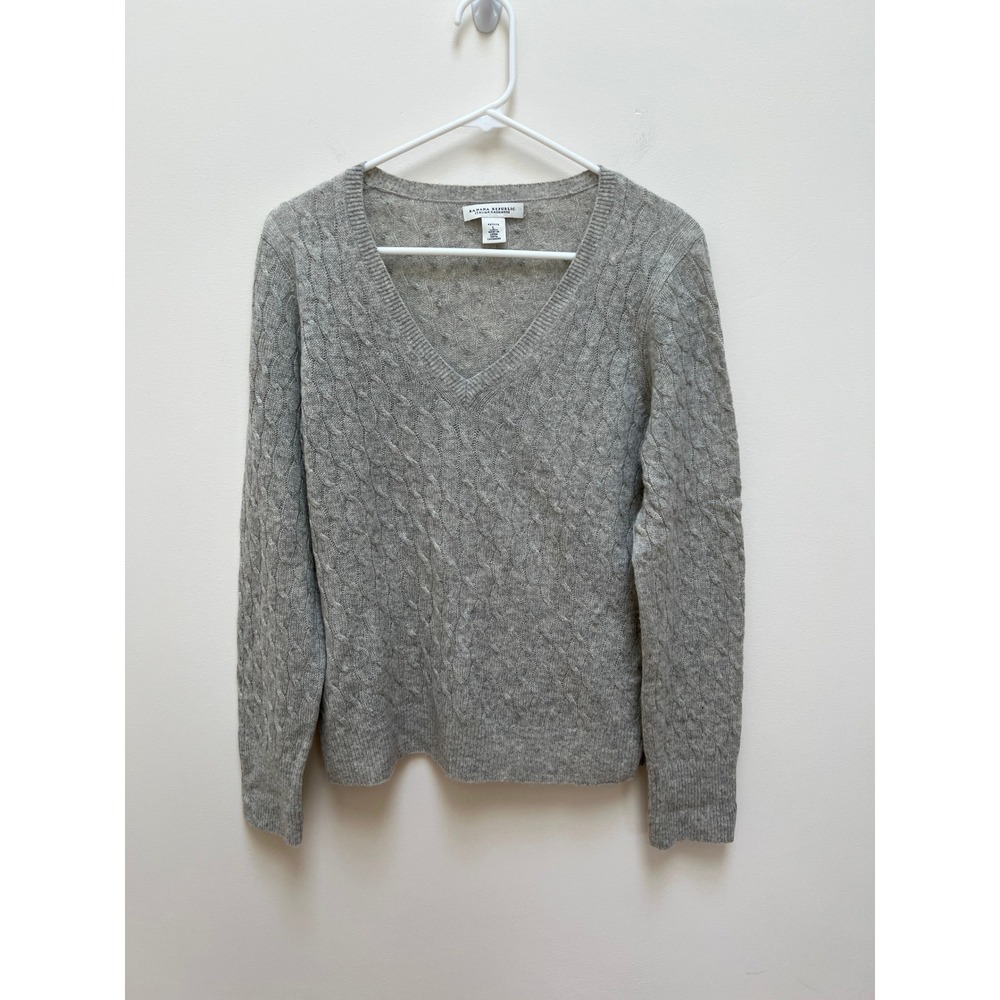 BR Sweater Women's PLg Gray Italian Cashmere Cable Knit V-Neck Top Luxury Soft